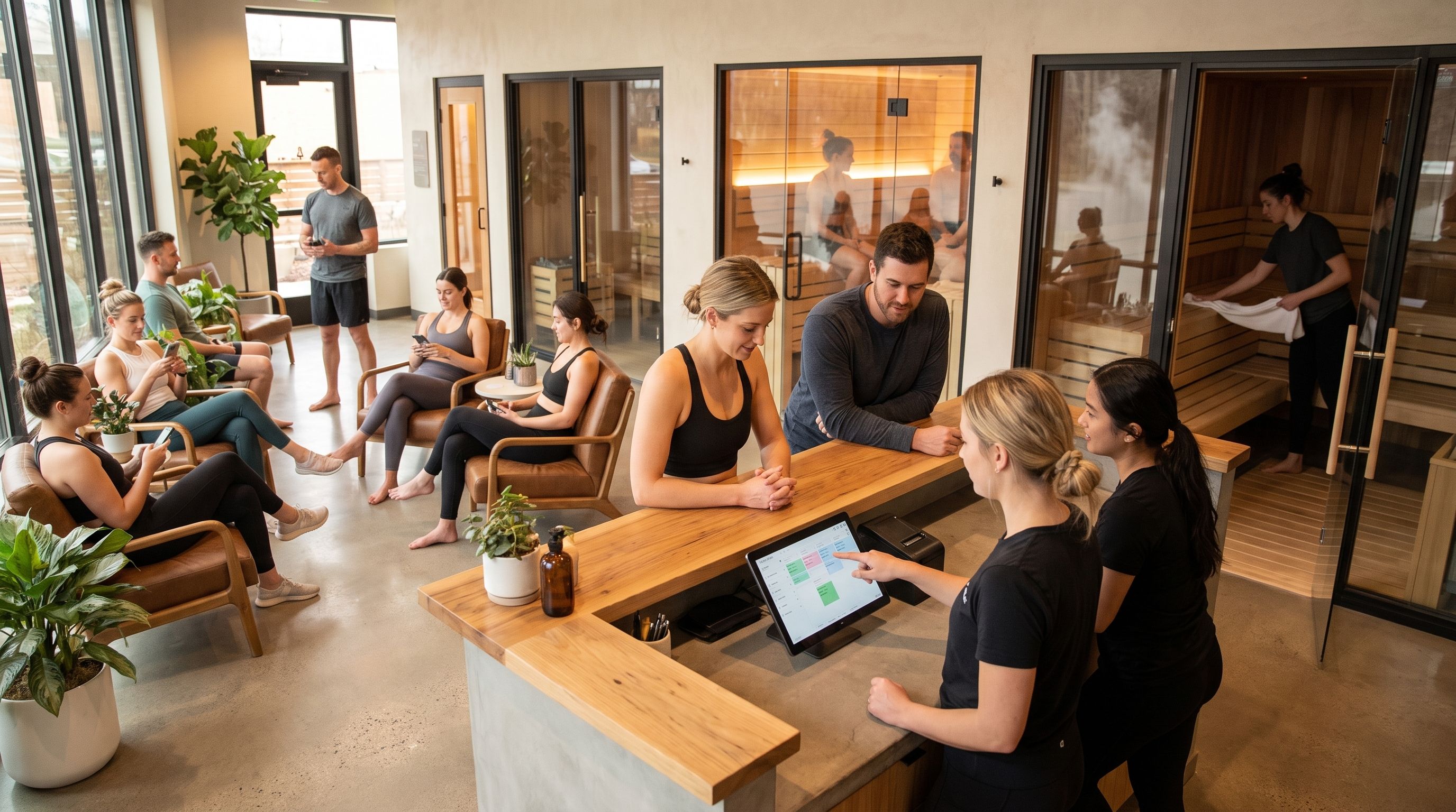 A realistic, casual interior of a busy modern sauna and wellness studio during peak hours, several customers waiting comfortably near a reception desk while staff manage bookings