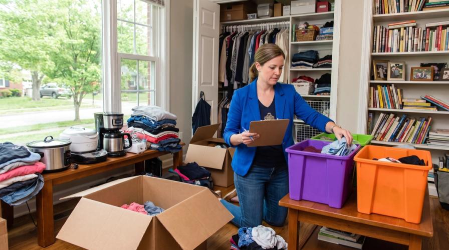 A woman in a blue blazer kneeling next to storage bins and cardboard boxes, organizing items in a room with a large window and a bookshelf.