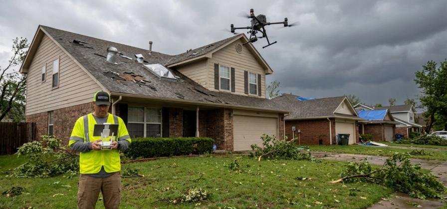 A drone operator stands in a storm-damaged suburban yard, flying a drone over a house with roof damage.