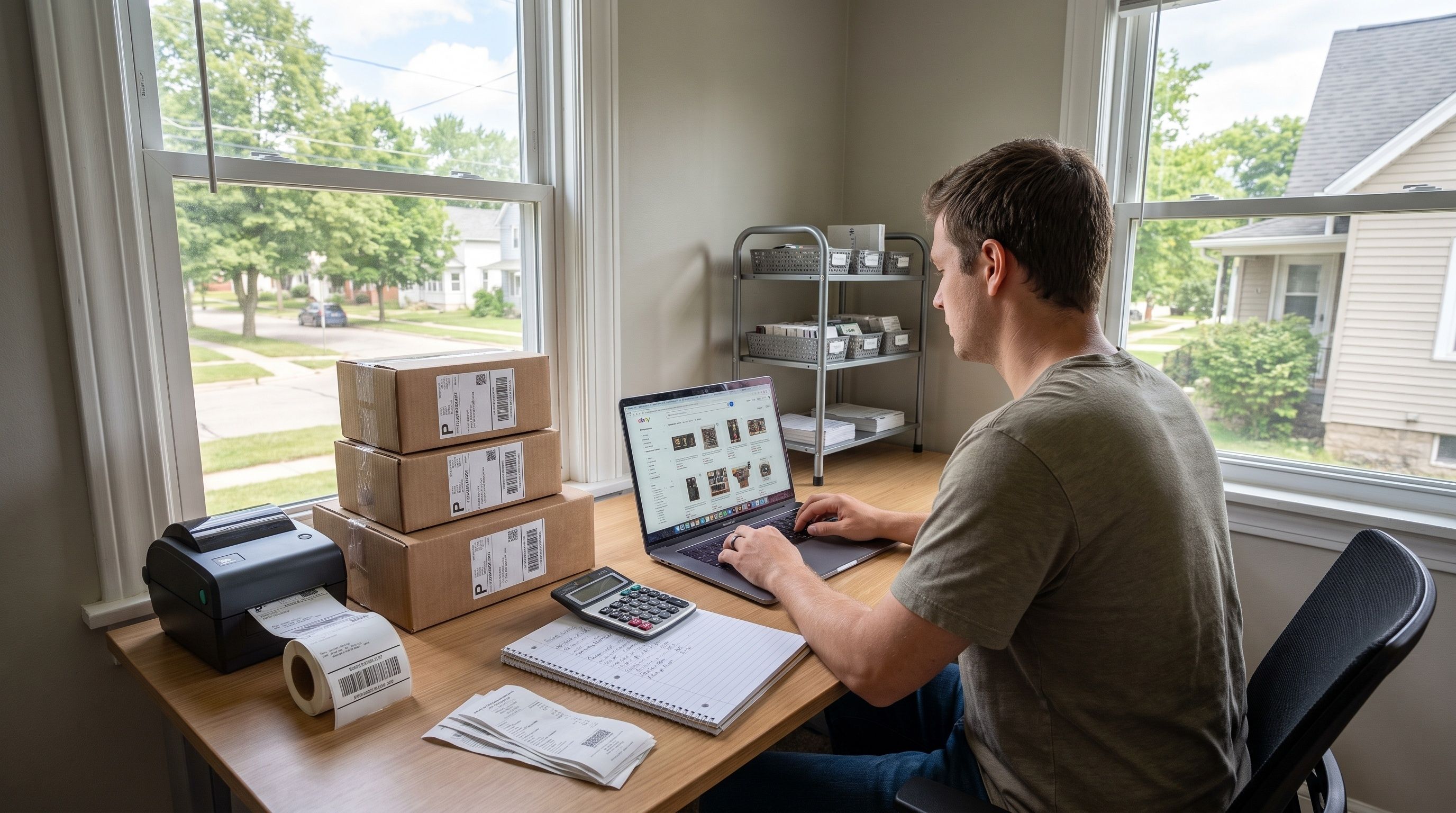 A man works at a laptop in a brightly lit home office with a stack of boxes and shipping supplies.