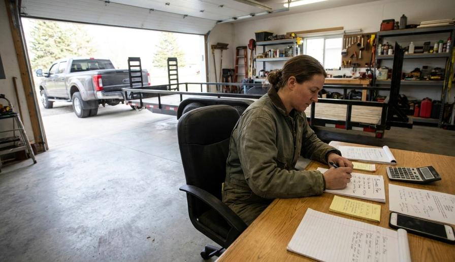 A woman in a green jacket sits at a wooden desk writing notes, with a truck and trailer visible through the open garage door.