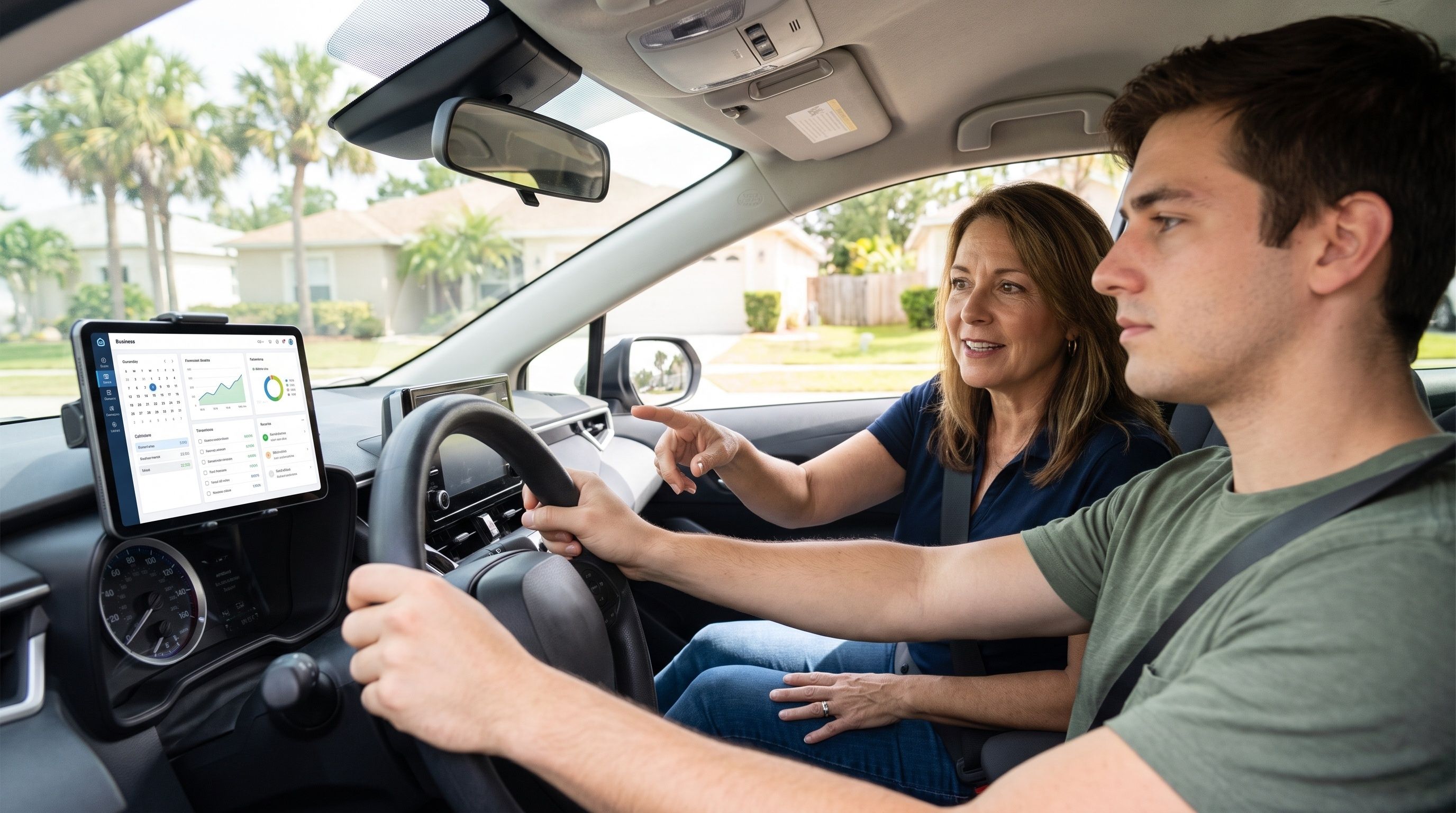 A young man drives a car with a female instructor pointing forward from the passenger seat, while a tablet displays data on the dashboard.