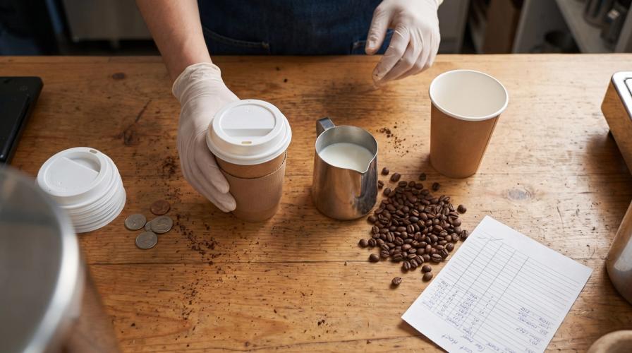 A barista in white gloves holds a lidded paper coffee cup at a wooden counter next to a milk pitcher, coffee beans, coins, and a paper.