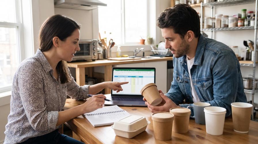 A man and woman review wholesale orders and paper cups at a wooden table in a bright kitchen.