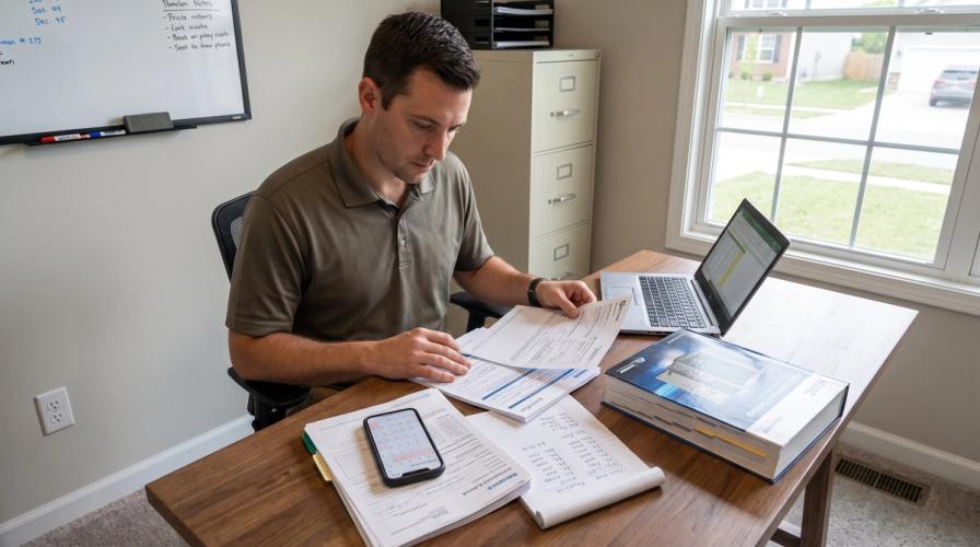An HVAC business owner in a grey polo reviews paperwork at a desk with a laptop and catalog