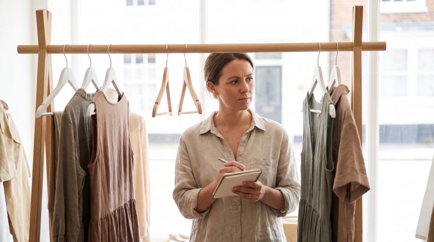 A woman stands between clothing racks in a boutique, holding a notepad and pen while looking thoughtfully at garments.