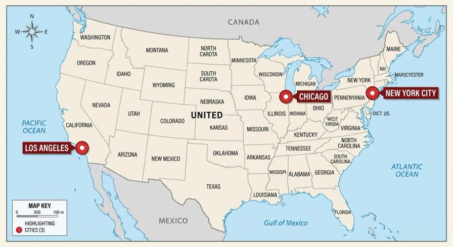 Annotated United States map showing business license costs and filing portals for Los Angeles, Chicago, and New York