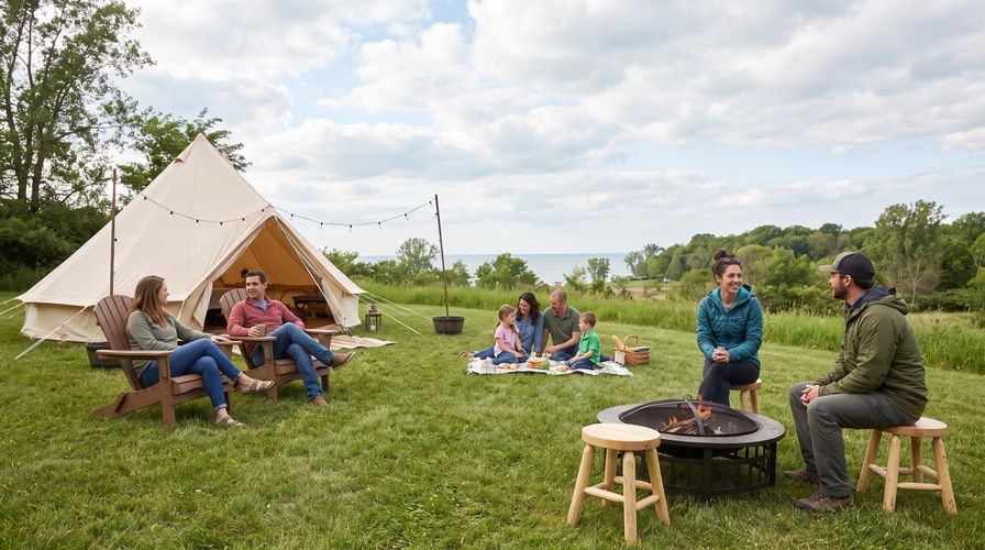 A large canvas tent stands on a grassy field where a couple, family, and two friends enjoy an outdoor getaway near a lake.