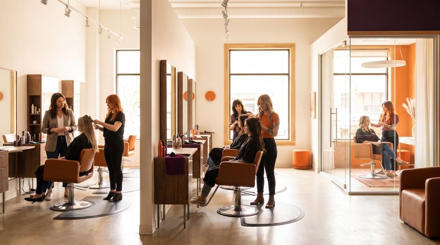 A modern salon with stylists working in different areas, including open stations and a glass-enclosed suite