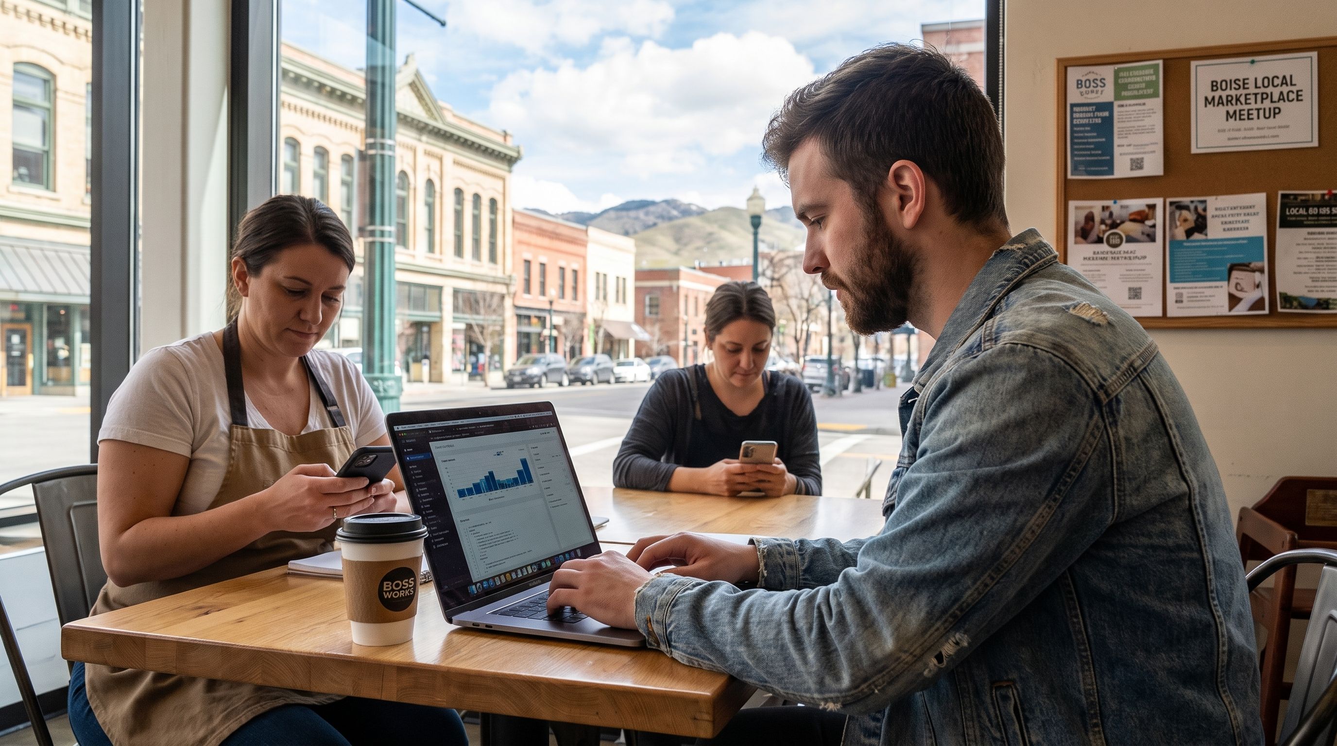 A man in a denim jacket types on a laptop at a cafe table as two women look at their phones nearby.