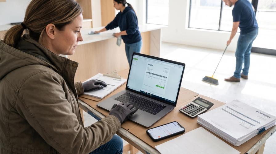 A woman in a green jacket works on a laptop at a desk displaying an invoice on screen, while cleaning crew members sweep and wipe down surfaces behind her.