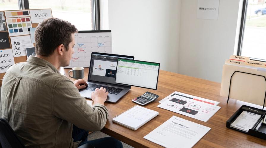 A designer working at a wooden desk uses a laptop next to a calculator, notes, and project documents in a studio