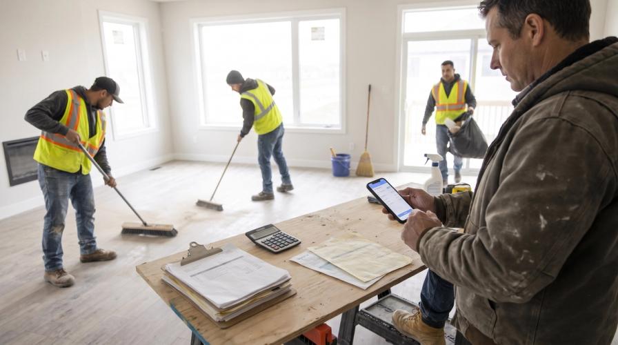 Workers clean a newly built home's floors while a man in the foreground checks his phone over a table of invoices and a calculator