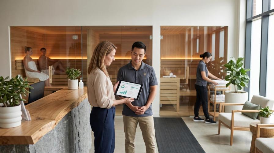 A female owner holds a tablet showing Growth Plan: Capacity & Operations to a male staff member in a sauna studio.