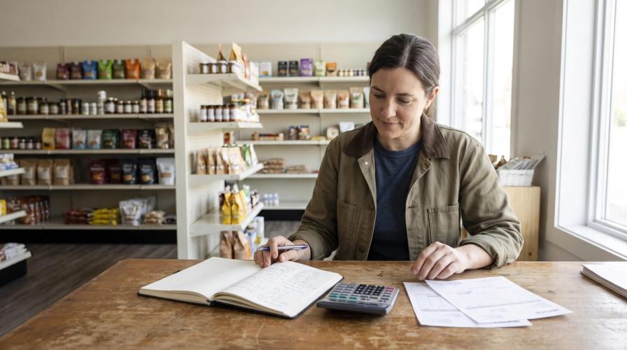 A focused grocery store owner works at a wooden desk with a notebook, calculator, and invoices amid stocked shelves