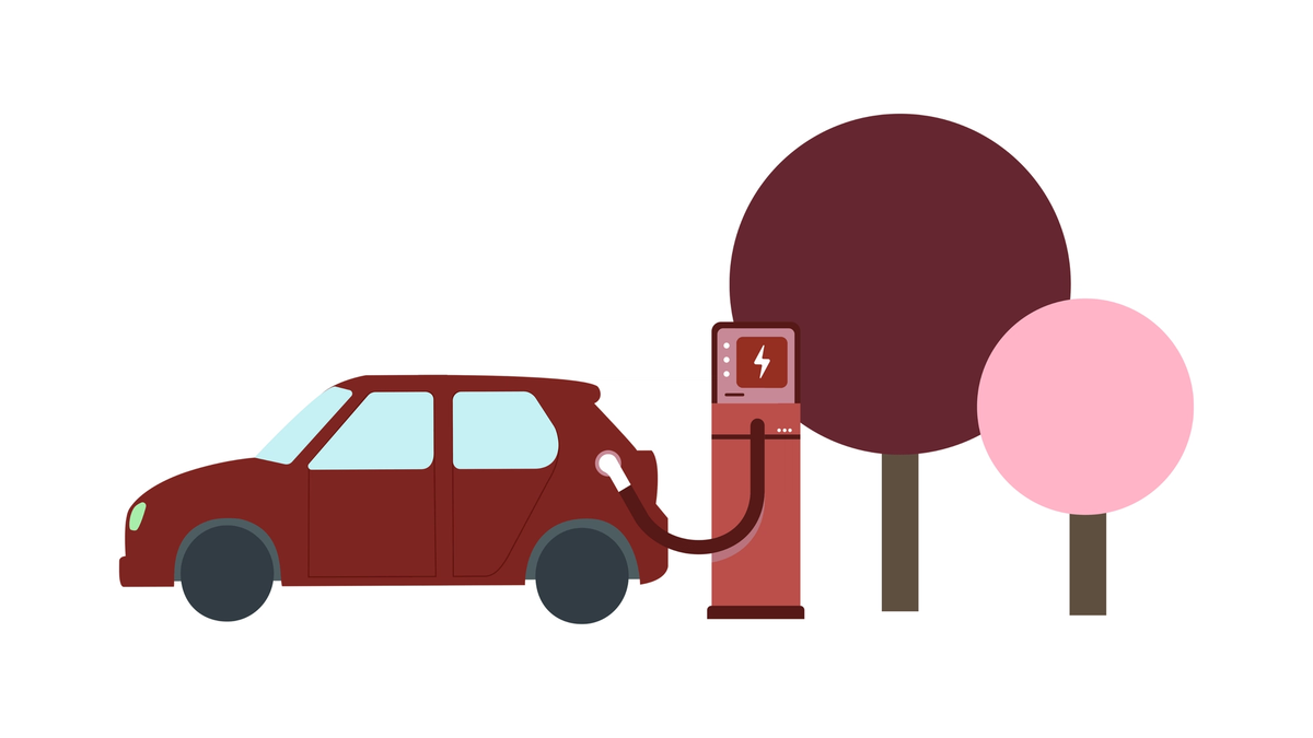 Punainen sähköauto latautumassa latausasemalla kahdella tyylitellyllä puulla taustalla.