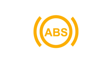 Varoitusvalossa näkyvä symboli: Keltainen ympyrä, viivoja ja teksti ABS