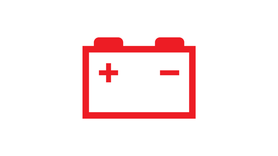 Rødt bilbatteri symbol som betyr at det ikke spenning eller at batteriet ikke lader.