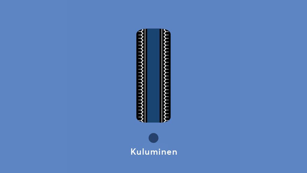 Sinisellä taustalla on keskellä musta, pystysuora rengas, jonka kulutuspinta on kulunut renkaan keskeltä korkean rengaspaineen vuoksi.