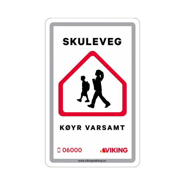 Nynorsk veiskilt: Skuleveg - køyr varsamt.