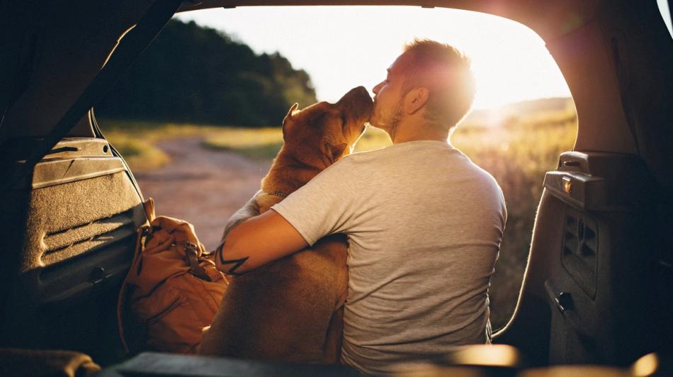 Mies istuu auton takapenkillä auringonlaskun aikaan ja halaa ruskeaa koiraa, joka nuolee hänen kasvojaan.