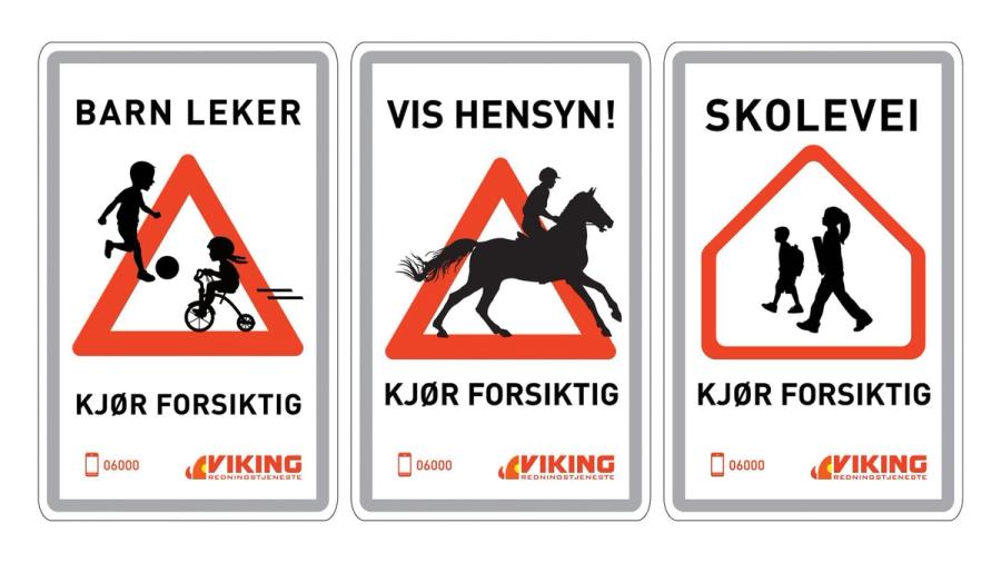 Viking kjør forsiktig skilt: Barn leker, vis hensyn og skolevei.
