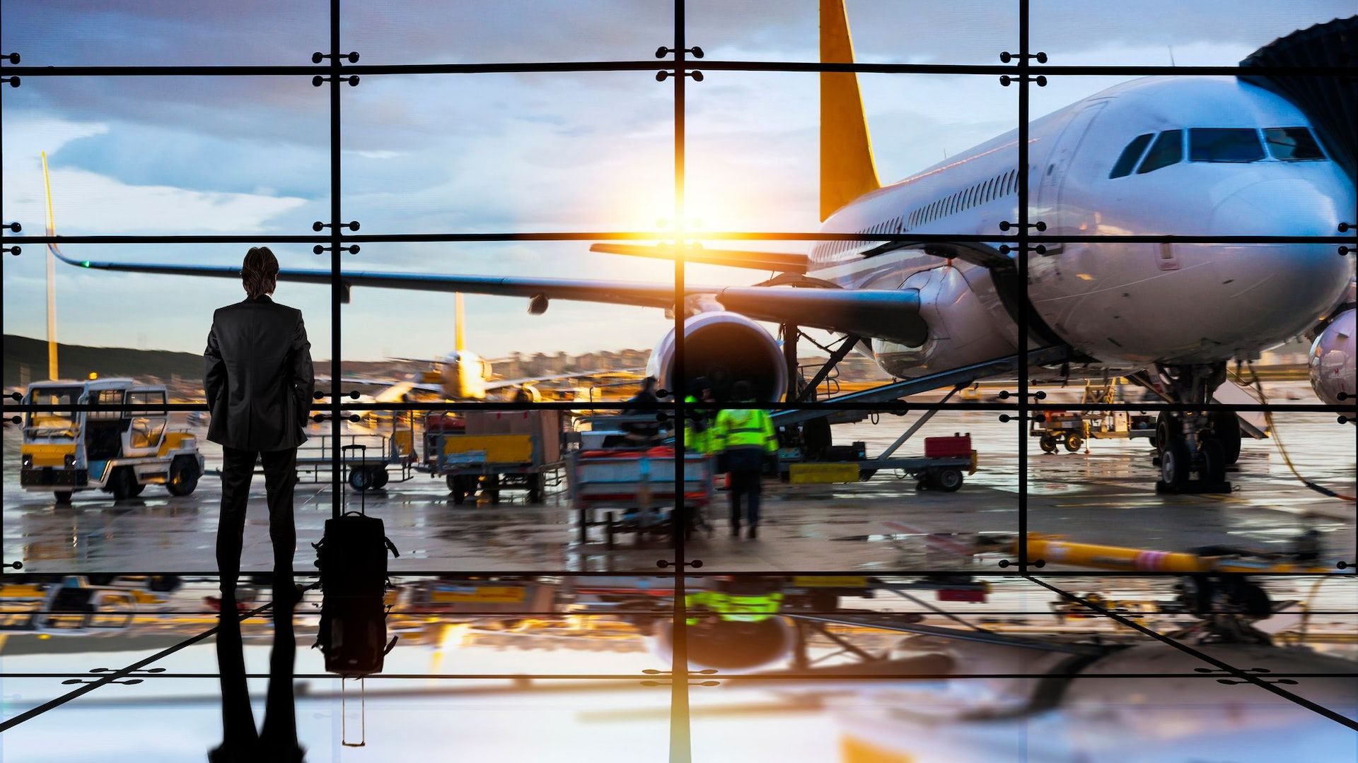 Henkilö seisoo lentoaseman terminaalissa matkalaukun vieressä ja katsoo ulkona olevaa matkustajakonetta.