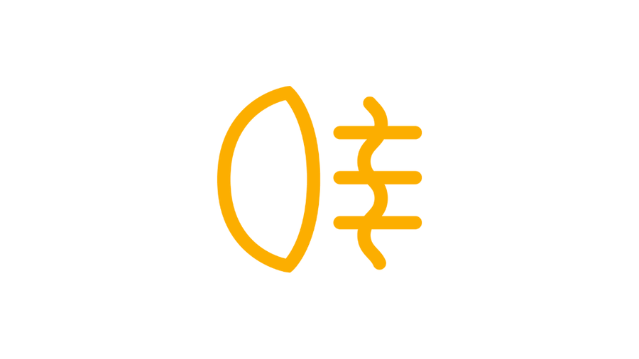 Lykt med bølgete strek symbol som betyr at tåkelyset bak er aktivt.