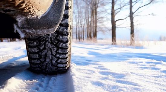 Nærbilde av piggdekk på vinterføre.