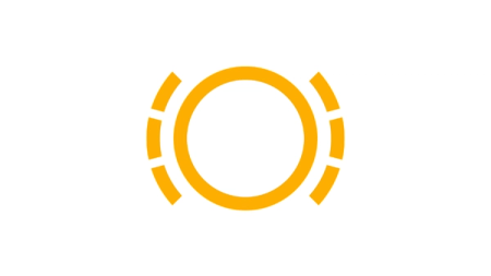 Varoitusvalossa näkyvä symboli: Keltainen ympyrä, jonka ympärillä näkyy viivoja