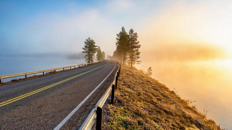At sunrise, the yellow-lined road runs alongside a misty lake, bordered by trees on one side and guardrails on the other.