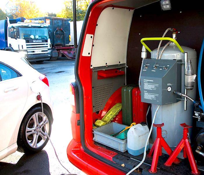 A passenger car's fuel tank is emptied of the wrong fuel.