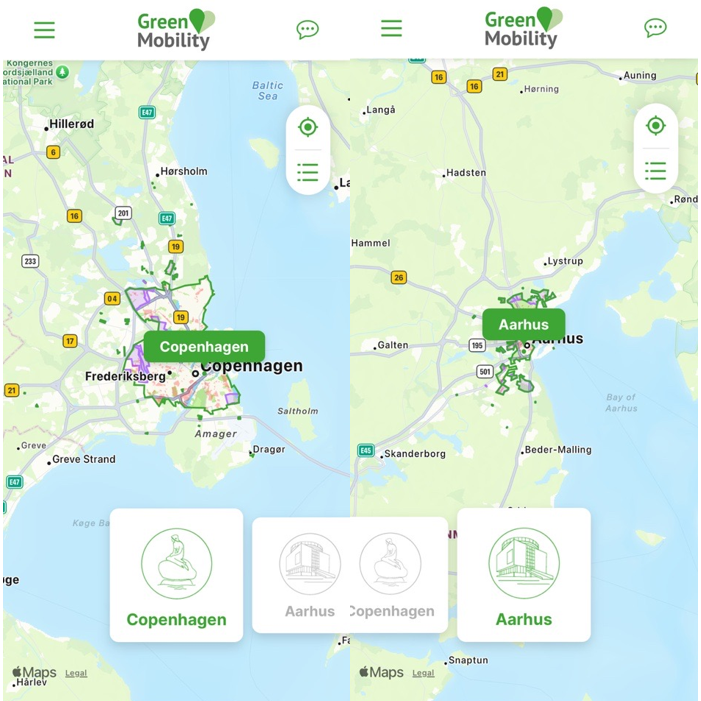 Skærmbillede af GreenMobility-appen, der viser bykort over København og Aarhus med valgmuligheder for hver by i bunden.