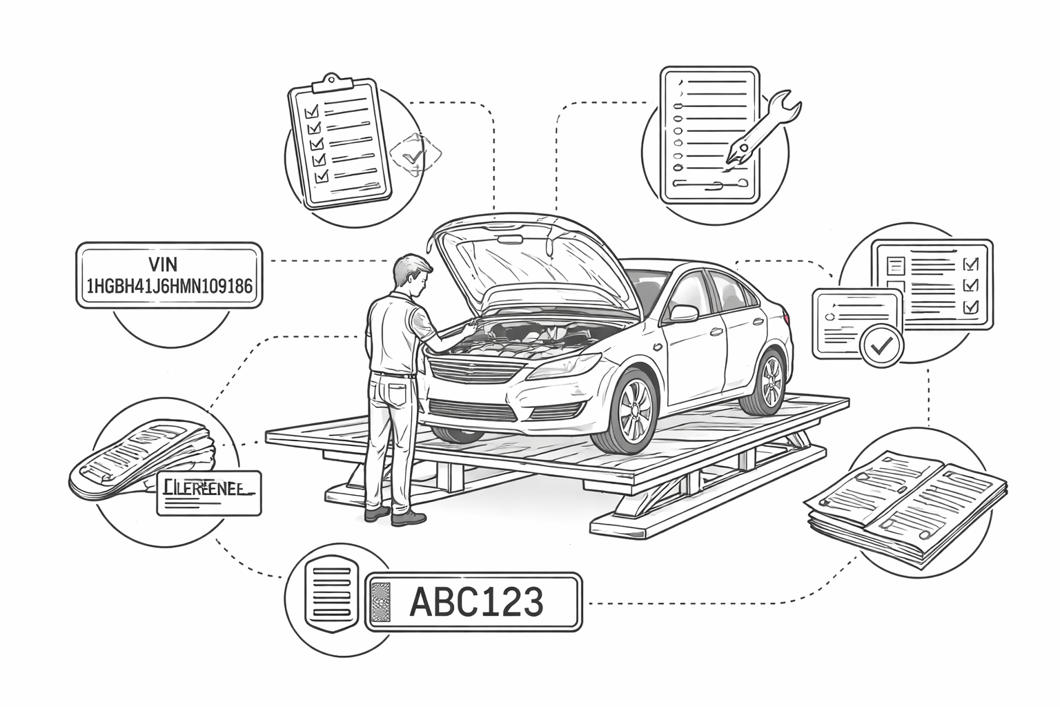 En mekaniker inspekterar en bil på en plattform, omgiven av ikoner för pappersarbete, VIN, registreringsskylt, checklistor och referensmaterial, som symboliserar en fordonskontrollprocess.