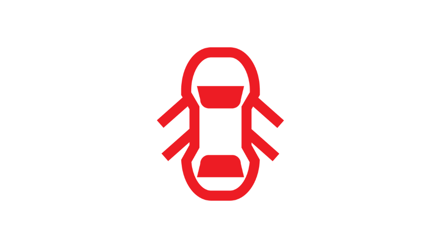 Rød bil med åpne dører og panser symbol som betyr at en eller flere dører ikke er lukket.