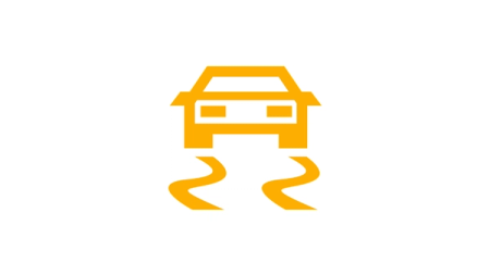 Varoitusvalossa näkyvä symboli: Keltainen auto ja jarrutusjälkiä.