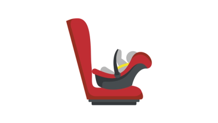 Kuvitus selkä menosuuntaan suunnatusta turvaistuimesta, jossa on vauva, joka on kiinnitetty punaiseen ja mustaan turvaistuimeen.