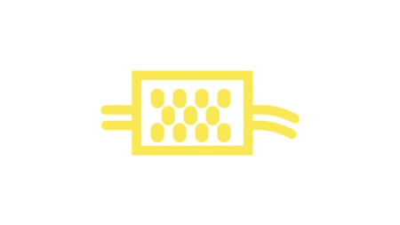 Varoitusvalossa näkyvä symboli: Keltainen neliö, jossa on pisteitä