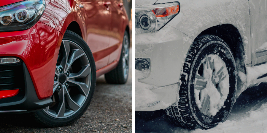 Olika typer av däck visas fram på två olika bilar.