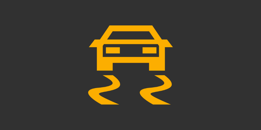 Varningslampa symbol: Gul bil med bromsspår