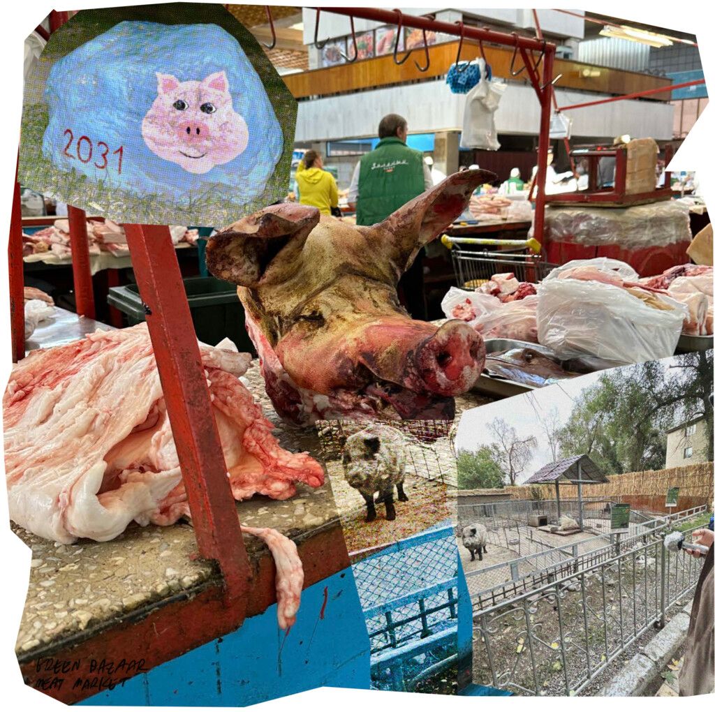 Fig.7 Central market in Almaty. Combined elements of the meat market and general market at Central Market in Almaty. Collage by the2vvo (2023); Fig. 8 Public art. Photograph by the2vvo (2023)