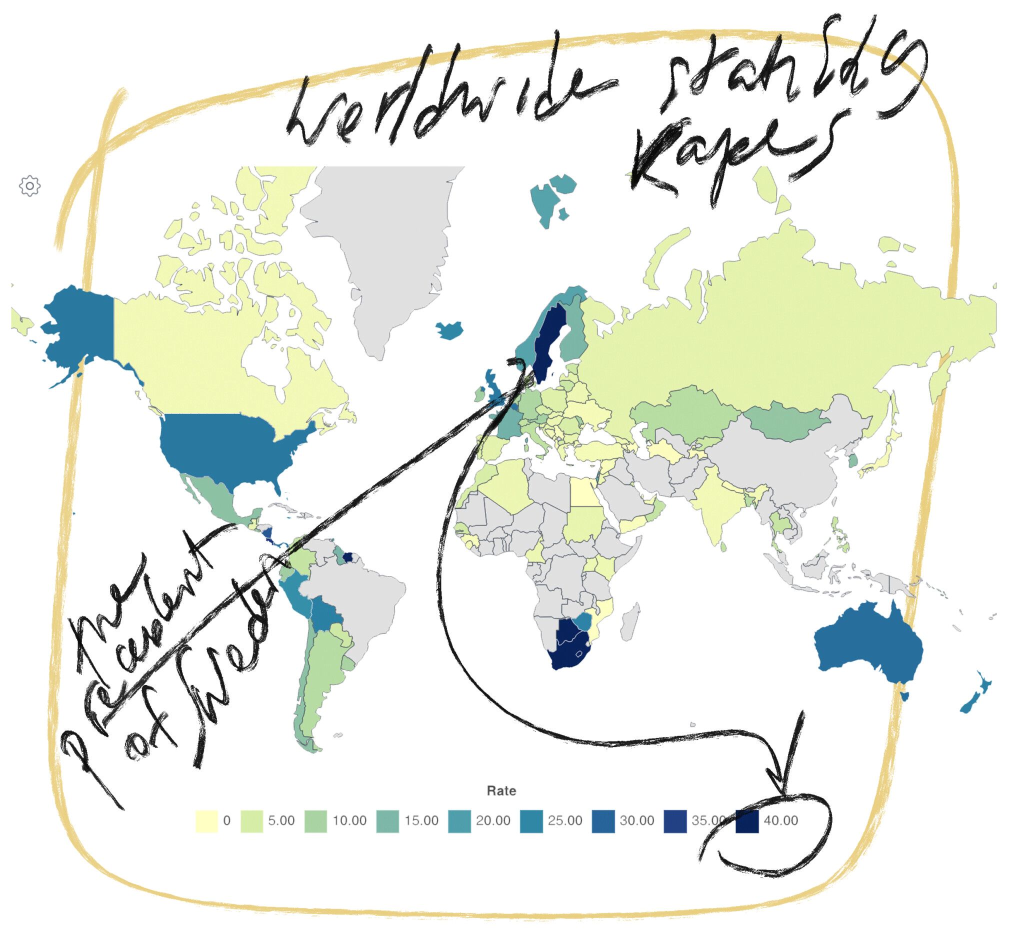 Fig.9 Rape Statistics - Worldwide statistics of rape by World Population Review (2023). The interactive map allows us to hoover over the country and explore its rates of rape. Use the link to view the interactive map: https://worldpopulationreview.com/country-rankings/rape-statistics-by-country