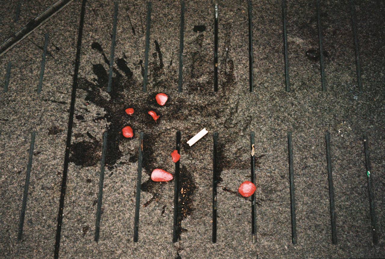 splashed liquid on concrete floor, dispersed strawberries