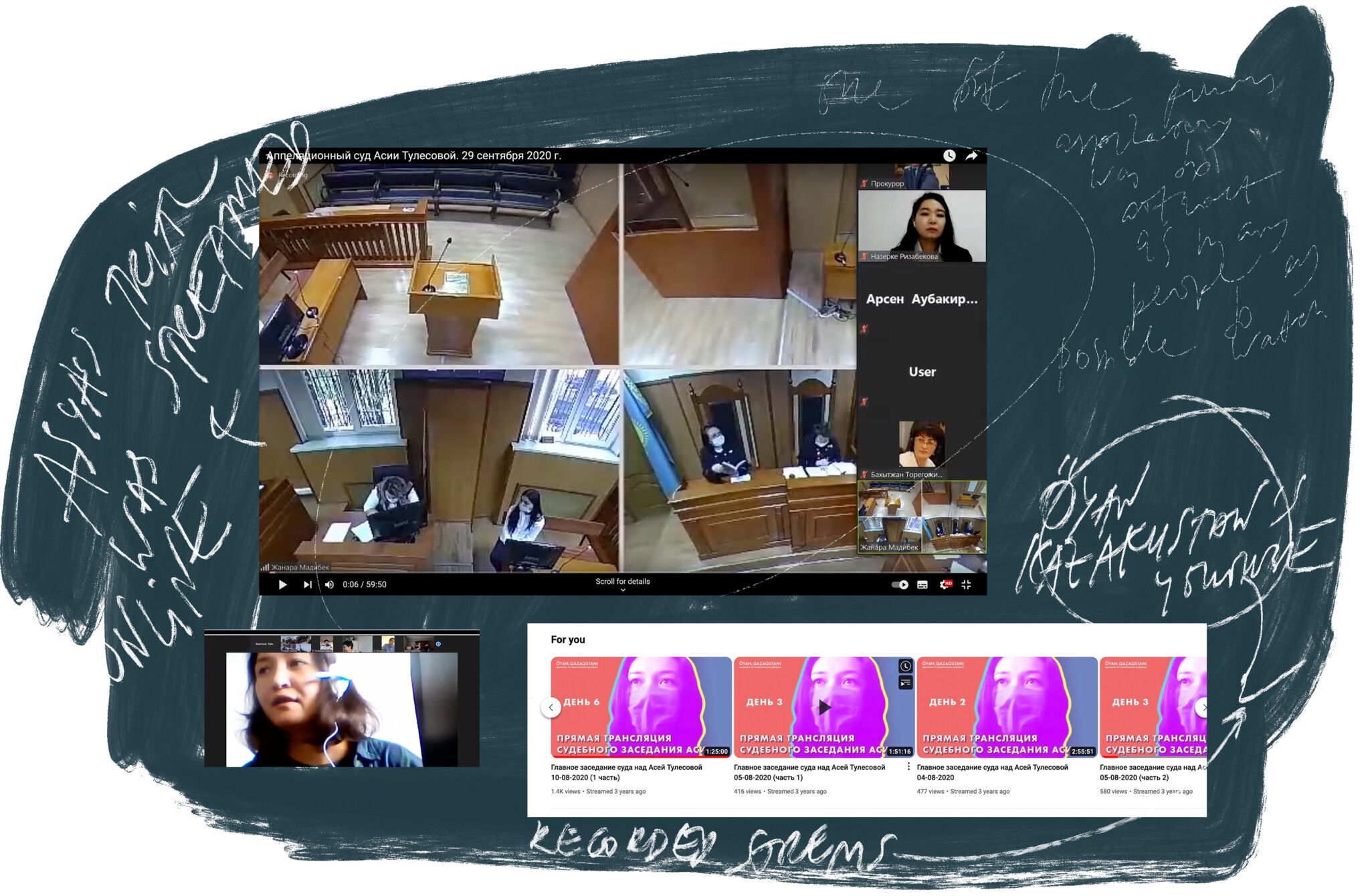 Fig.15 From Asya's hearing (documented from snapshots of an online legal procedure) Images of the trial during the summer of 2020 when Asya was detained for knocking off the hat of the policeman. The recordings of online streams (public court sessions) are documented by the political party Oyan Kazakhstan and can be viewed on their YouTube channel. Collaged by the author (2023)