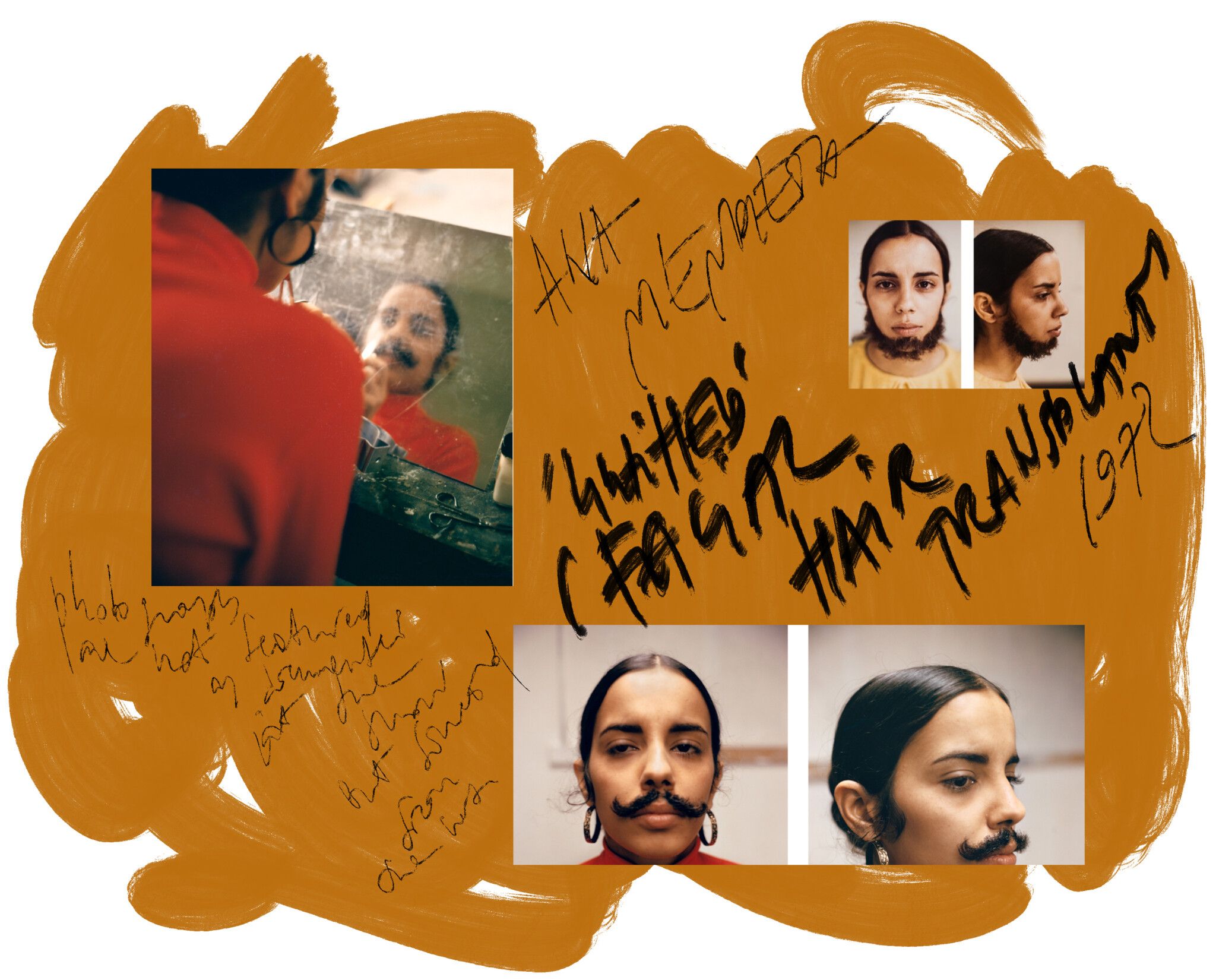 Fig.26 "Facial Hair Transplant" - Mendieta’s work: Untitled (Facial Hair Transplant), Suite of seven color photographs, estate prints 1997 Copyrighted by The Estate of Ana Mendieta Collection, LLC. Courtesy Galerie Lelong. Collaged and annotated by the author (2023)