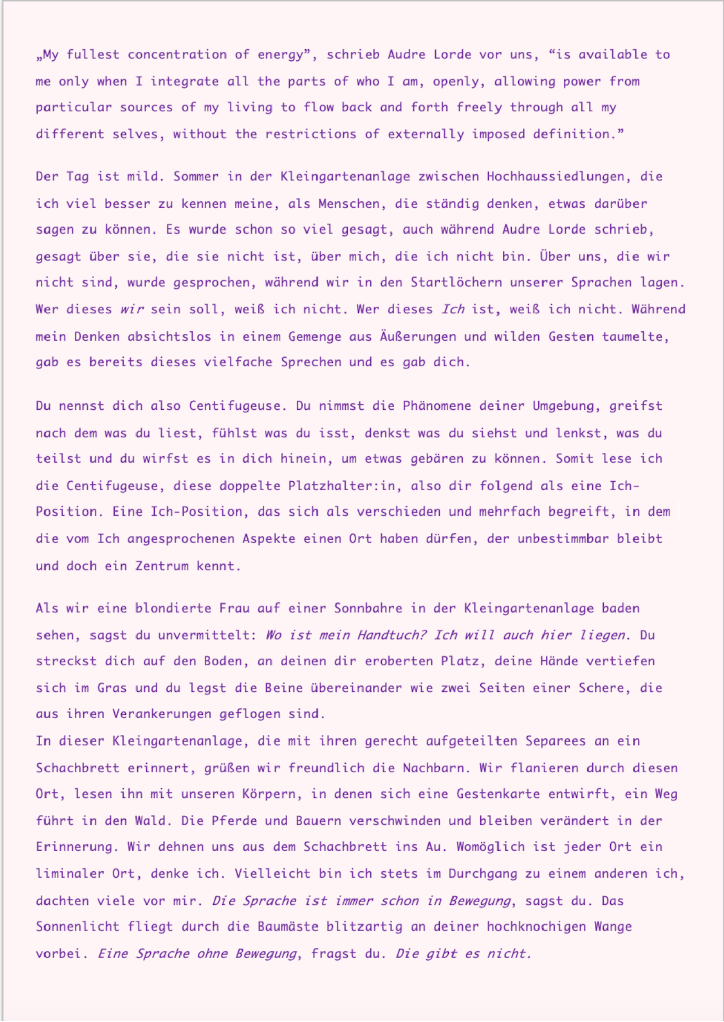 Extract of La Centrifugeuse, oder die Zentrifugalkraft, oder die Entsafterin, oder Ich wurde in eine Welt geboren, in der es dieses Wort schon gab. von Anna Kücking