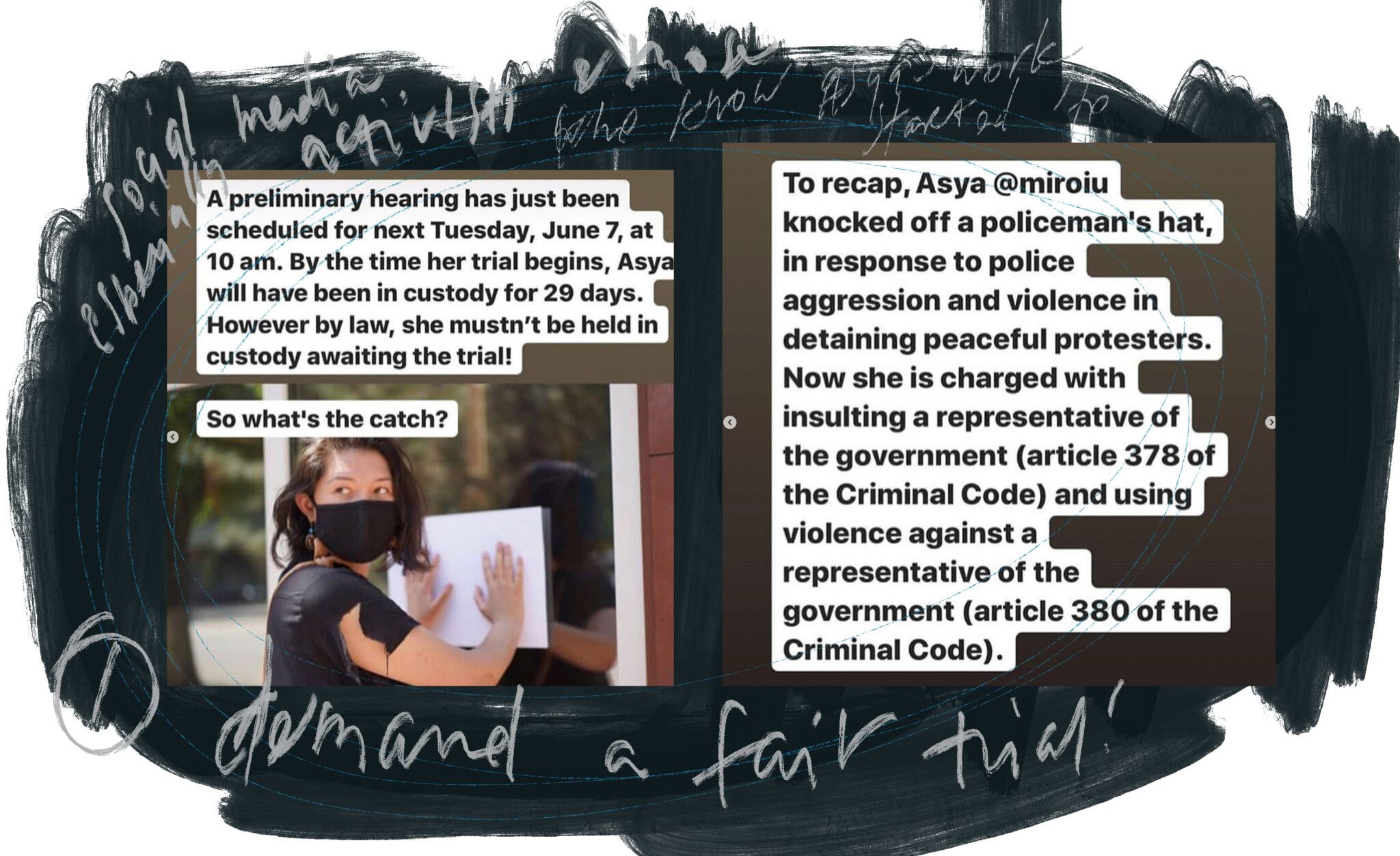 Fig.12 (a, b, c) Asya’s Political Case - Images are sourced from the social media accounts / public accounts of activists in Kazakhstan. Images were featured and shared as part of the campaign to raise awareness about Asya’s case. Collaged by the author (2023)