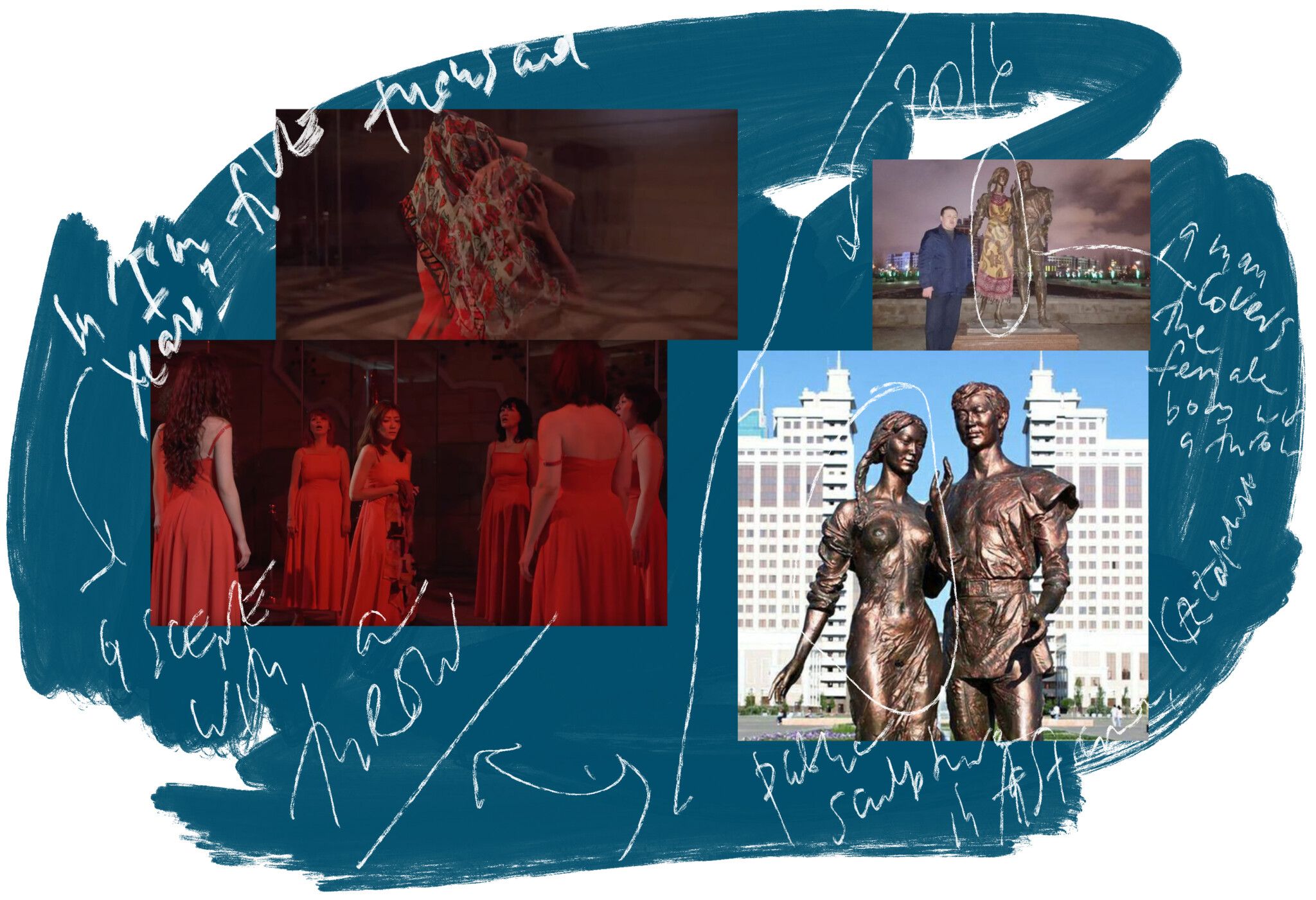 Fig.24 About the notion of shame. Tatyana Kim’s and Anatoliy O’s performance in Almaty, Kazakhstan, addresses the issues of domestic violence. A fragment of the show could be referencing the 2016 scandalous case when a citizen of Astana covered an artwork that featured explicit female features in order not to feel shame for the women. Image courtesy of performance stills: Tatyana Kim and Anatoliy O. Images of the sculptures are sourced from tengrinews.kz (2016) Collaged and annotated by the author (2023)