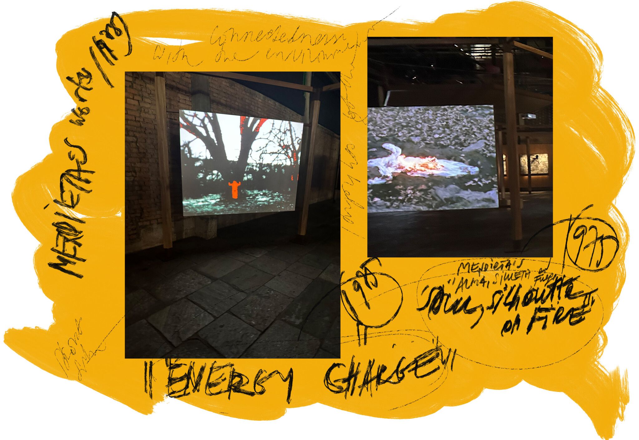 Fig. 10 Energy Charge - Images from the show: “Energy Charge,” 1975, 16mm film transferred to high-definition digital media, color, silent, 49 seconds; "Alma, Silueta en Fuego" (trans. "Soul, Silhouette on Fire") 1975 Super-8 color, silent film transferred to DVD;  3:07 min. All images are copyrighted by The Estate of Ana Mendieta Collection, LLC. Courtesy Galerie Lelong. Photographs taken at the show by the author (2023)