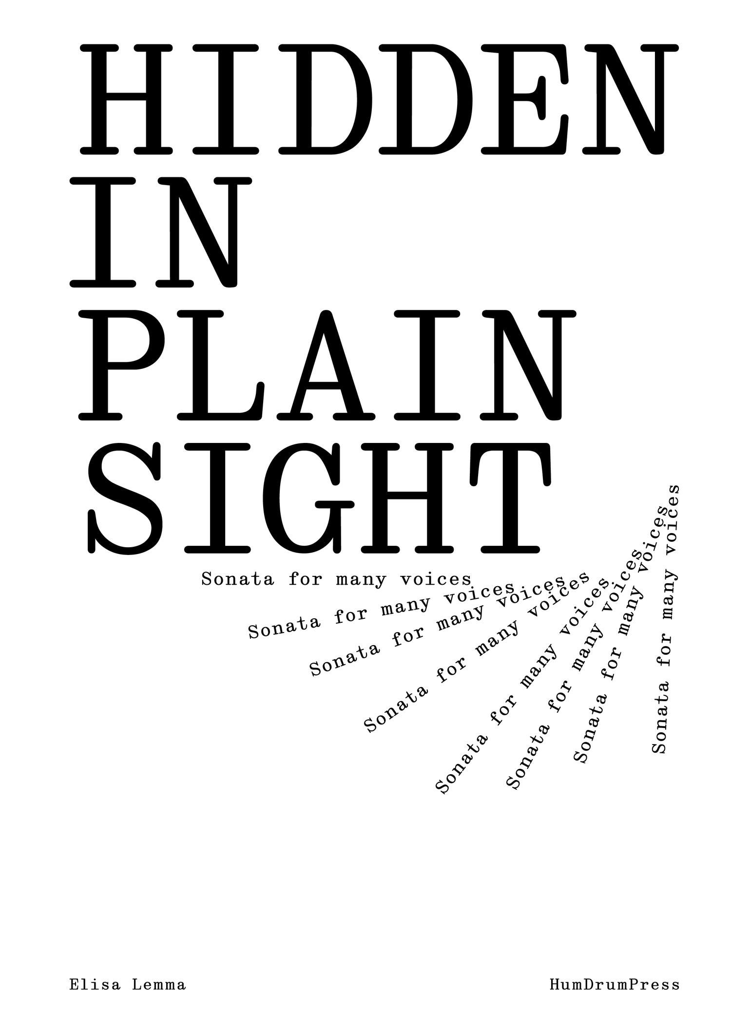 Hidden in Plain Sight Elisa Lemma (SoC 2022) This publication invites its readers to engage in the conversations and findings of the participants who took part in this research project, as well as giving space to contribute to a growing collection of perceptions, ideas and sensitivities.' - published by Humdrum Press (SoC 2022)